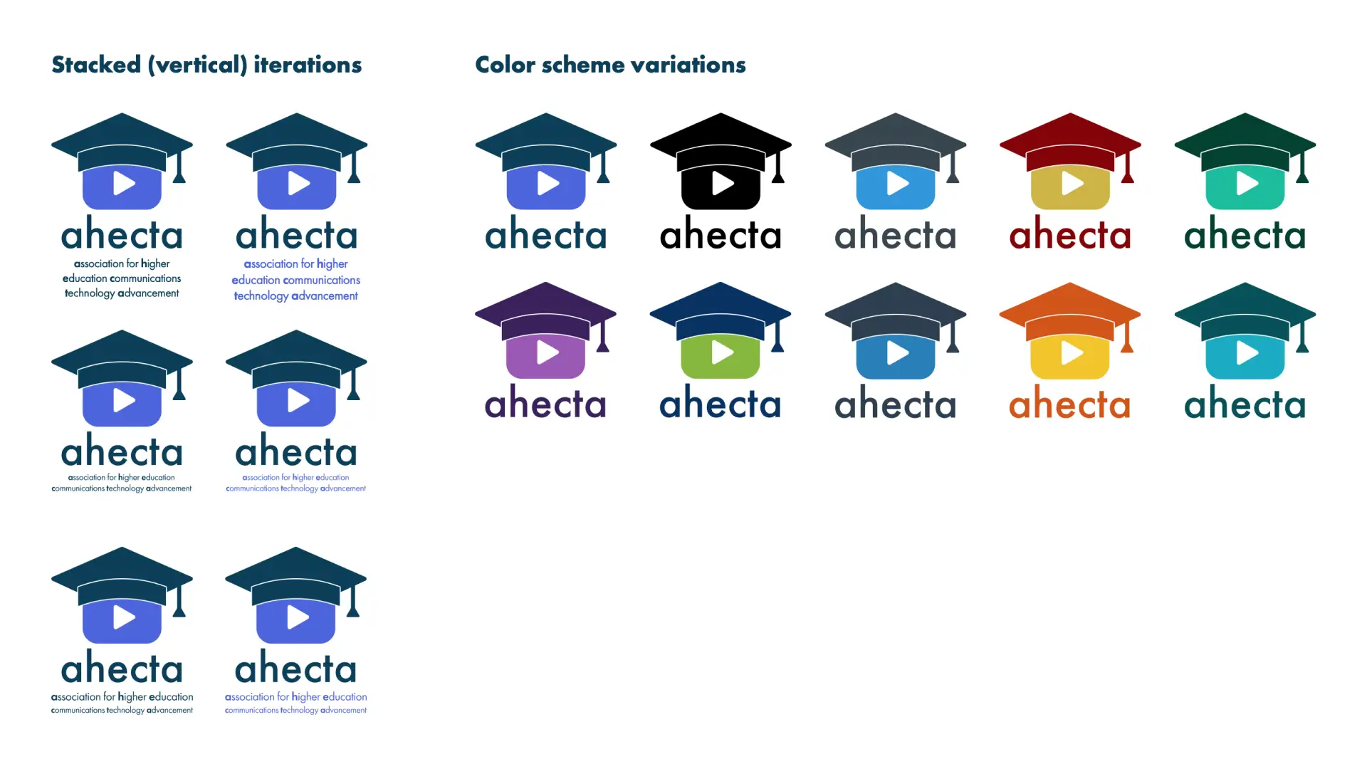Ideas for the vertical AHECTA logo and logo color schemes.