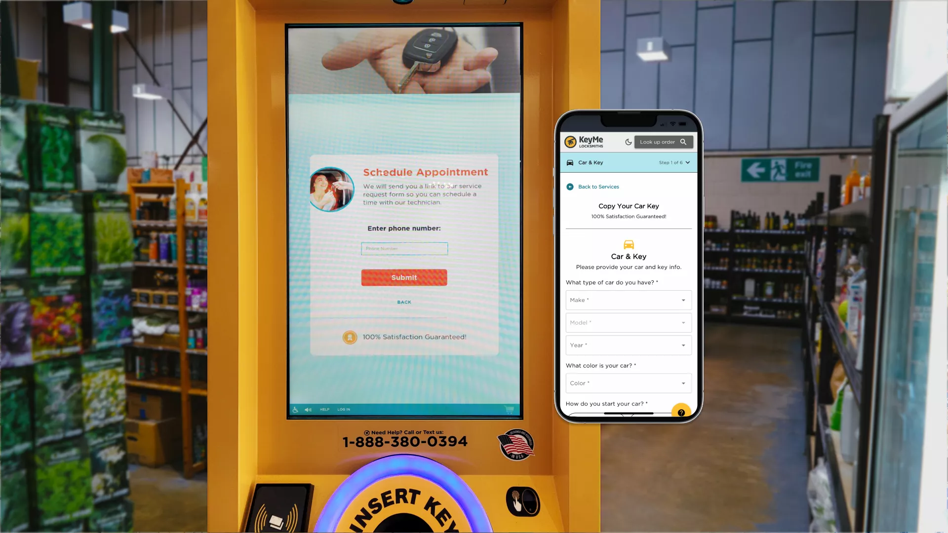 KeyMe kiosk with an input field for phone number and mobile device with a locksmith service request web form. The kiosk says it will text the link to the web form to you so you can get a locksmith to duplicate your vehicle key.
