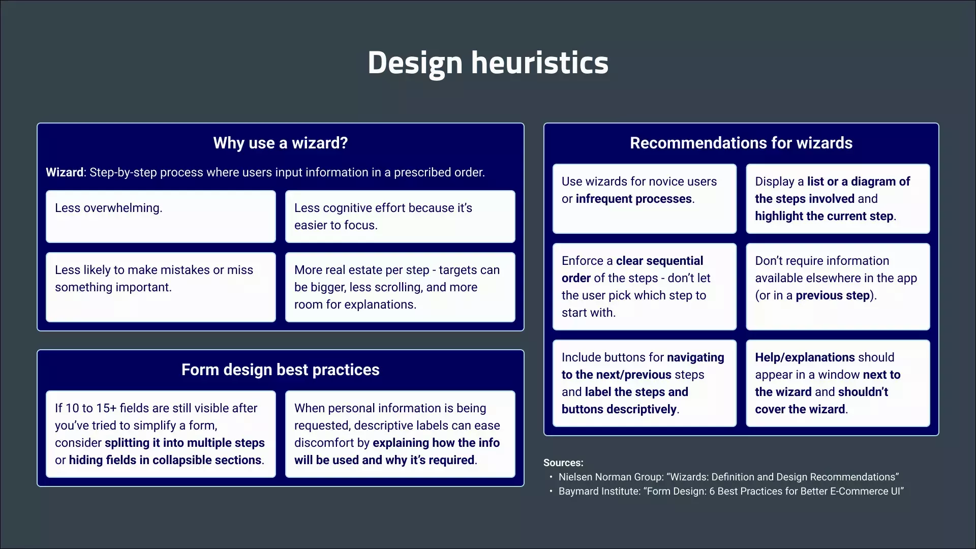 Reasons to use a wizard UI, design recommendations for wizards, and form design best practices - provided by Nielsen Norman Group and Baymard Institute.