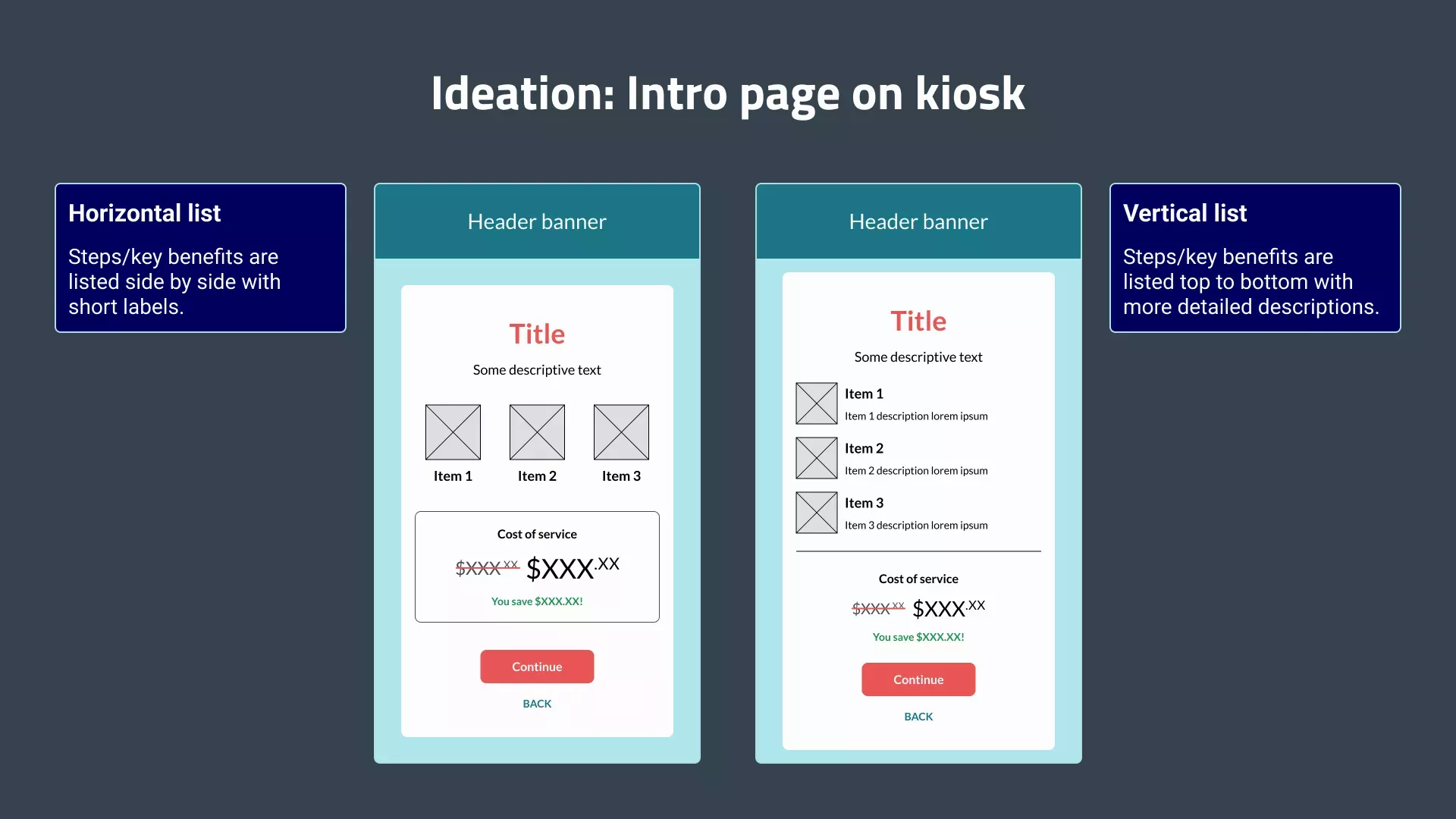 Ideas for changing the first page in the flow on the kiosk - where the customer is told they will need a locksmith. Both display a list of key points or steps and the savings compared to a dealership. However, one displays the list horizontally while the other does so vertically.