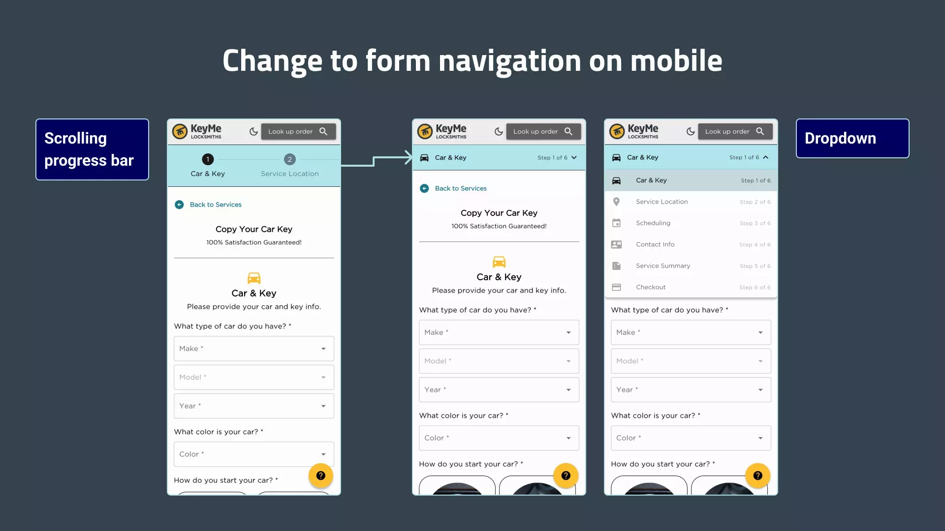 The 'before' and 'after' state of the navigation system in the mobile version of the form. Before, it had a detailed progress bar with labeled steps that required horizontal scrolling. After, the navigation was converted into a dropdown featuring every step.