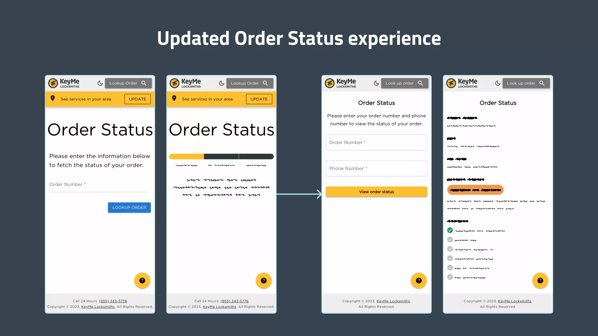 The Order Status page before and after updates. Before, it only featured three different statuses with little detail. After, it featured more detailed statuses.