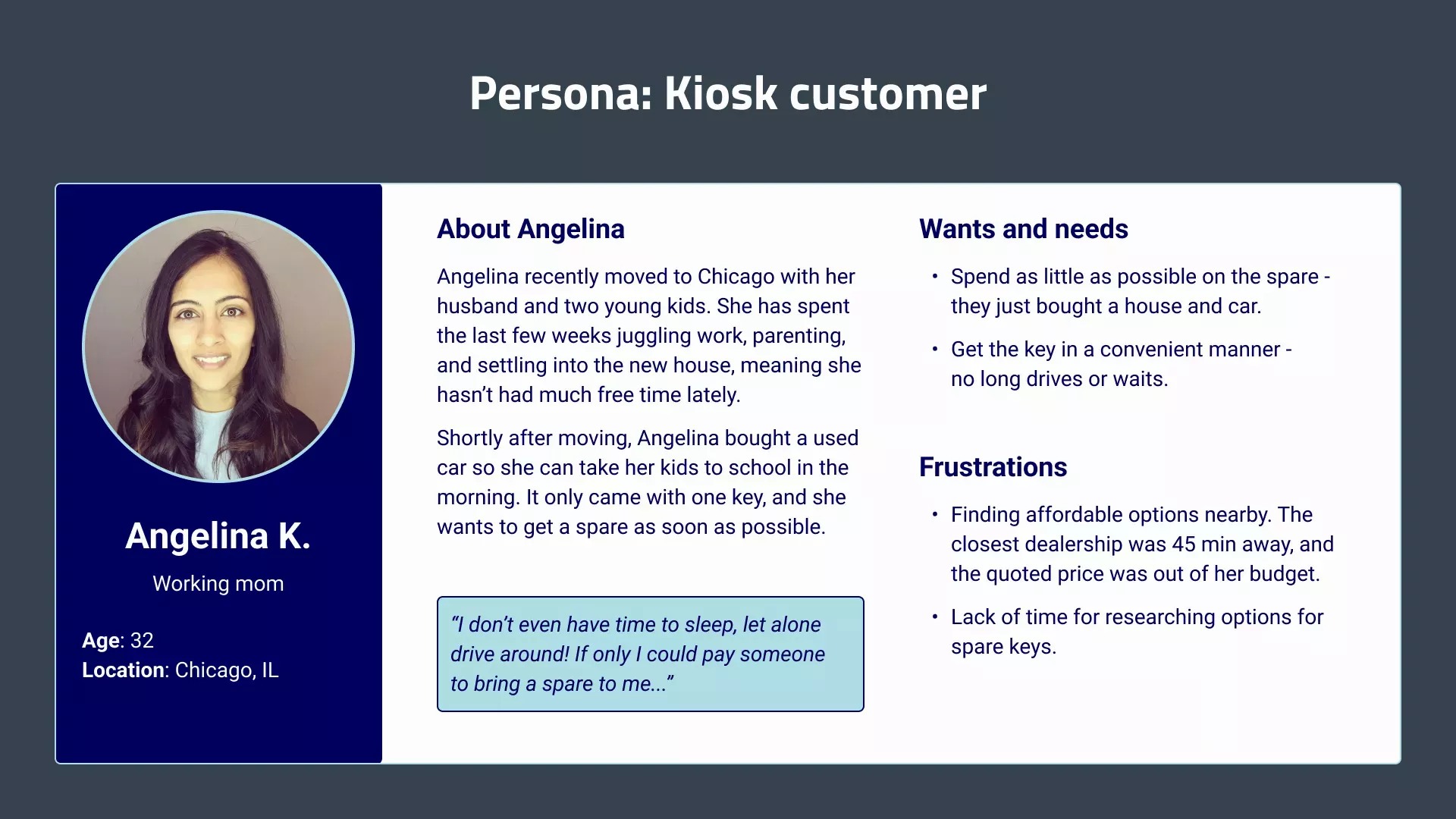 A profile of a typical kiosk customer named Angelina. She is a young mom who recently bought a new house and a used car, and she wants a spare car key. She struggles to find options that are both affordable and convenient.