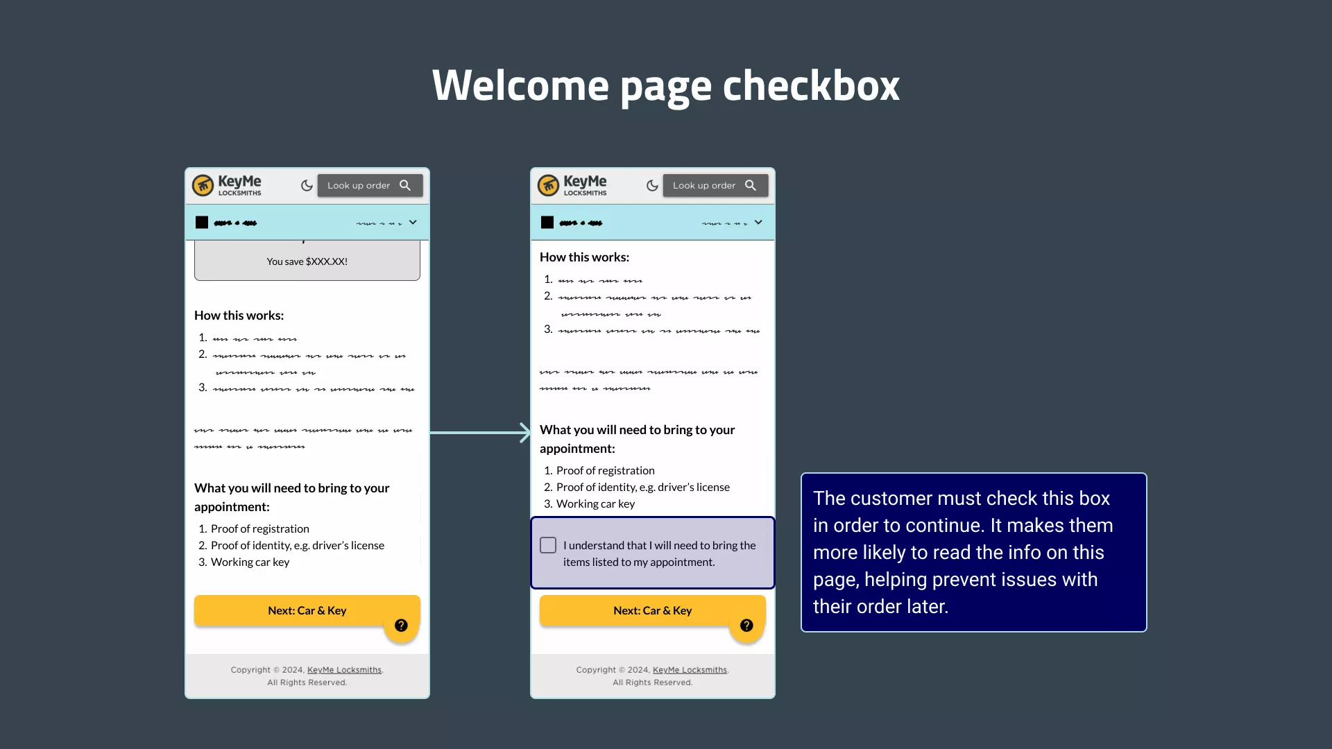 The Welcome page before and after the confirmation checkbox was added.