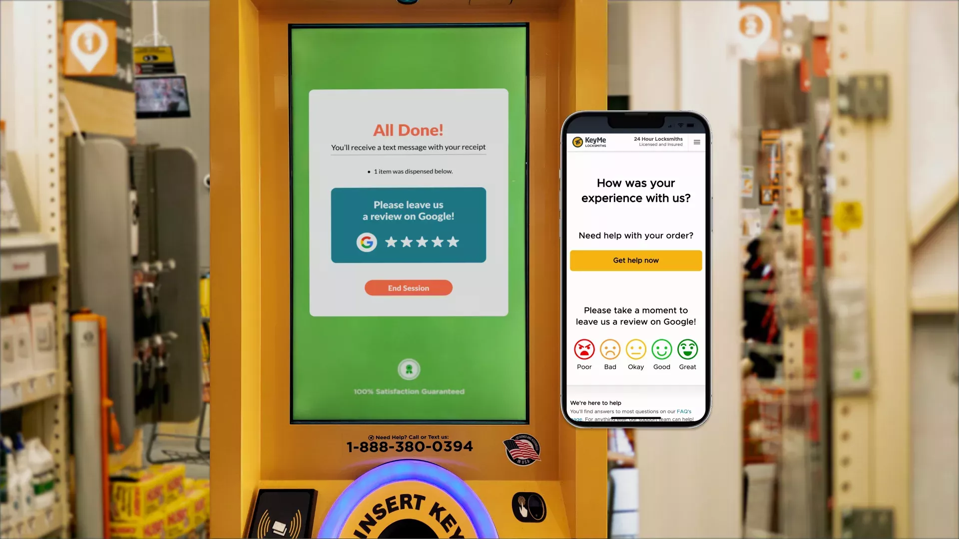 KeyMe kiosk showing a screen asking the customer to leave a review and mobile device asking the customer to tell KeyMe about their experience. The kiosk's screen is the screen shown after an order session ends. The mobile device displays a webpage with a button labeled 'Get help now' as well as five emojis labeled 'Poor', 'Bad', 'Okay', 'Good', and 'Great'.