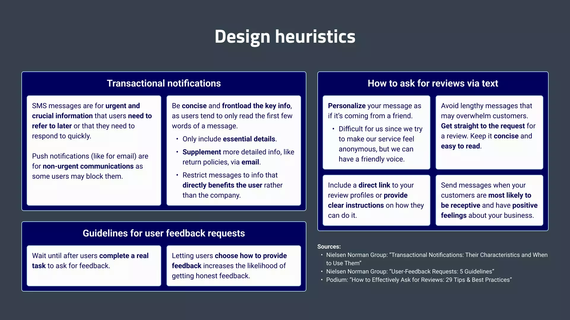 Best practices for transactional notifications and soliciting customer reviews or feedback - provided by Nielsen Norman Group and Podium.