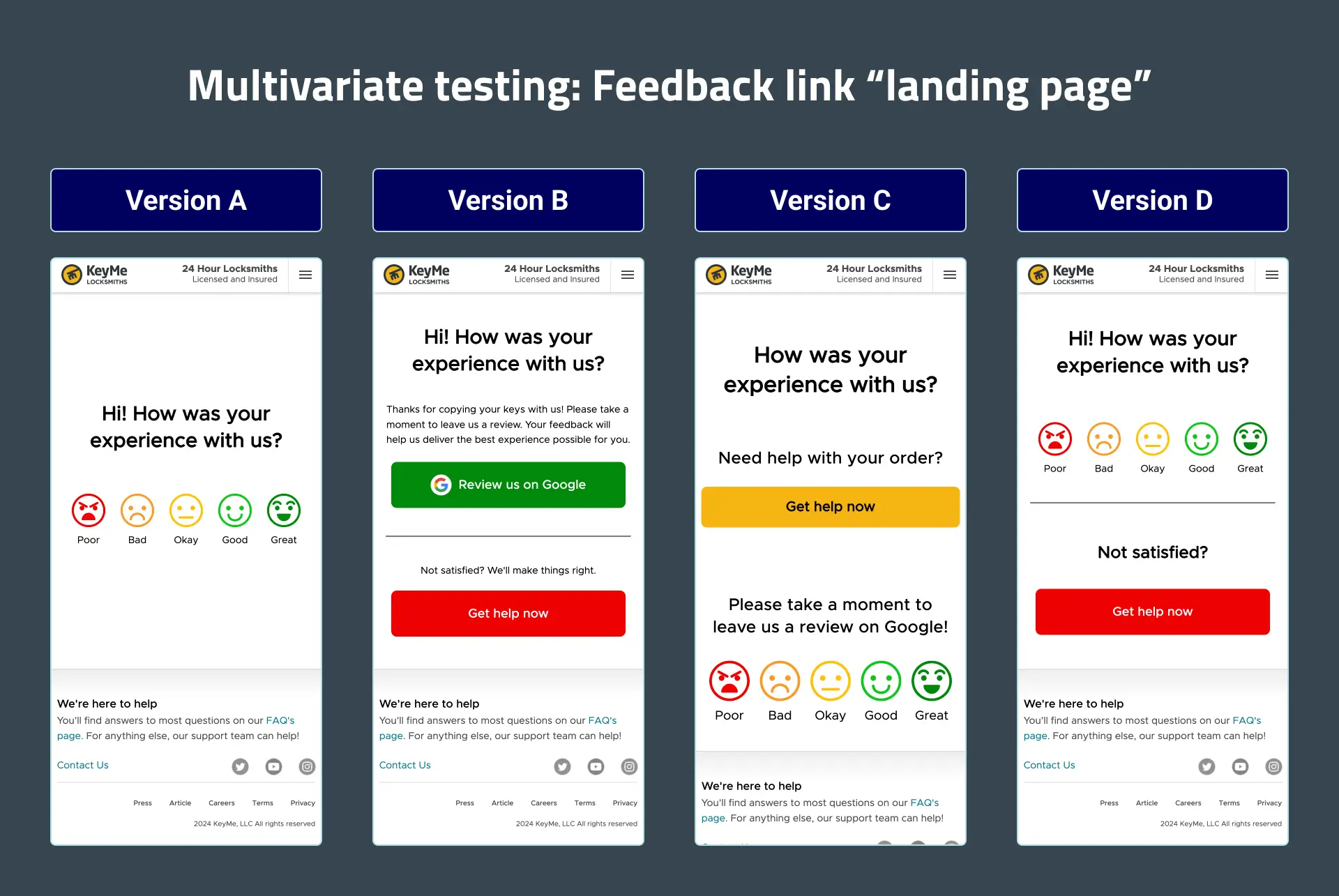 Four different versions of the feedback link landing page that we tested. Each has a review link for the kiosk and a link to the contact form for help with orders. The links take the form of emoji buttons with text labels or rectangular buttons with text labels.