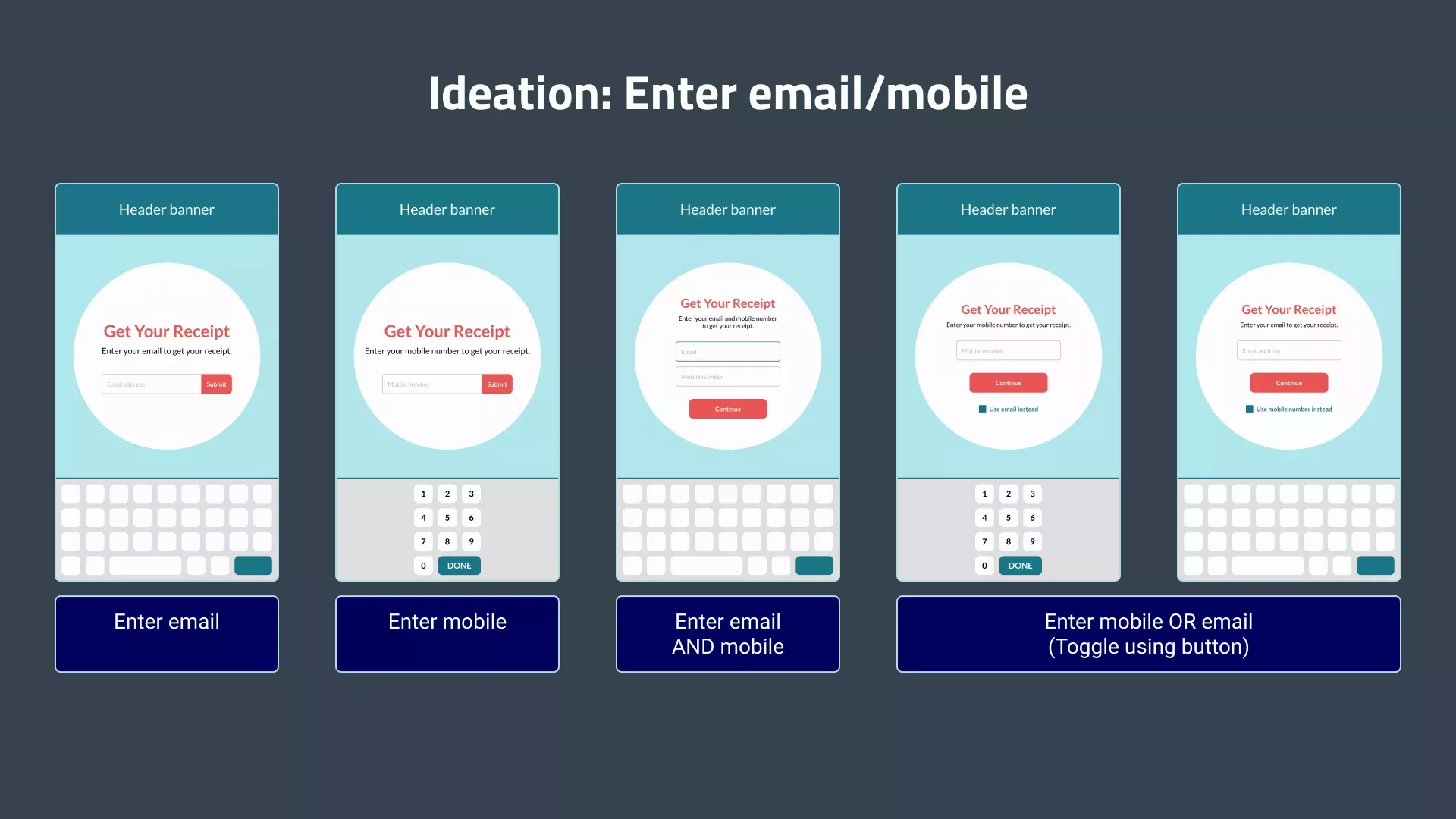 Ideas for a 'Get Your Receipt' page on the kiosk that accept email, mobile number, both email and mobile number, or allow you to choose between email or mobile number.