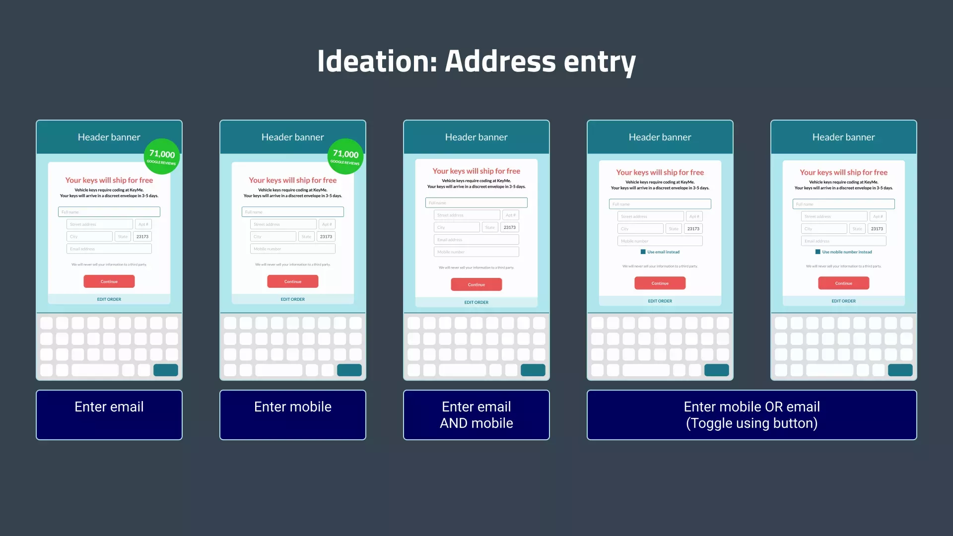 Ideas for an address entry page on the kiosk that accept email, mobile number, both email and mobile number, or allow you to choose between email or mobile number.