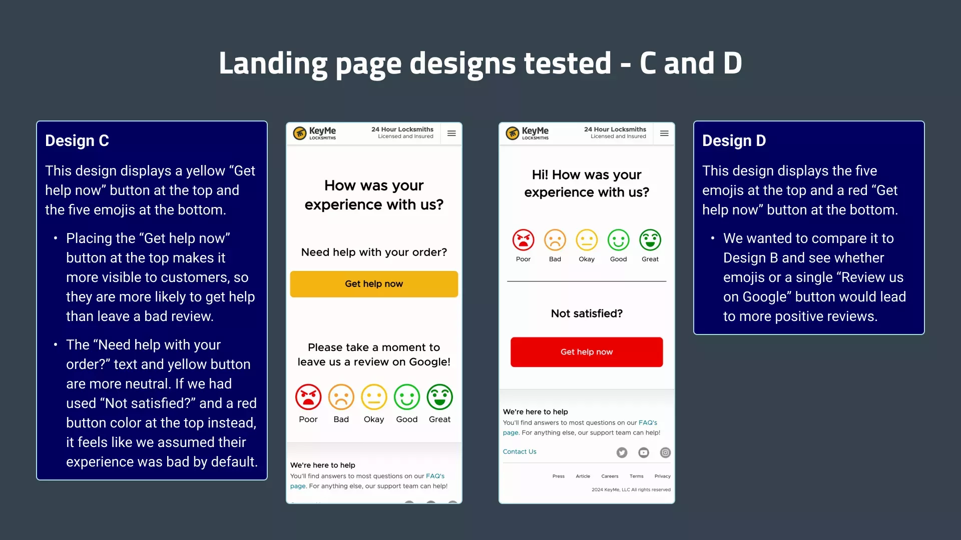 Another two different landing page designs tested. Design C displays a yellow 'Get help now' button at the top and the 5 emojis at the bottom. Design D displays the 5 emojis at the top and a red 'Get help now' button at the bottom.