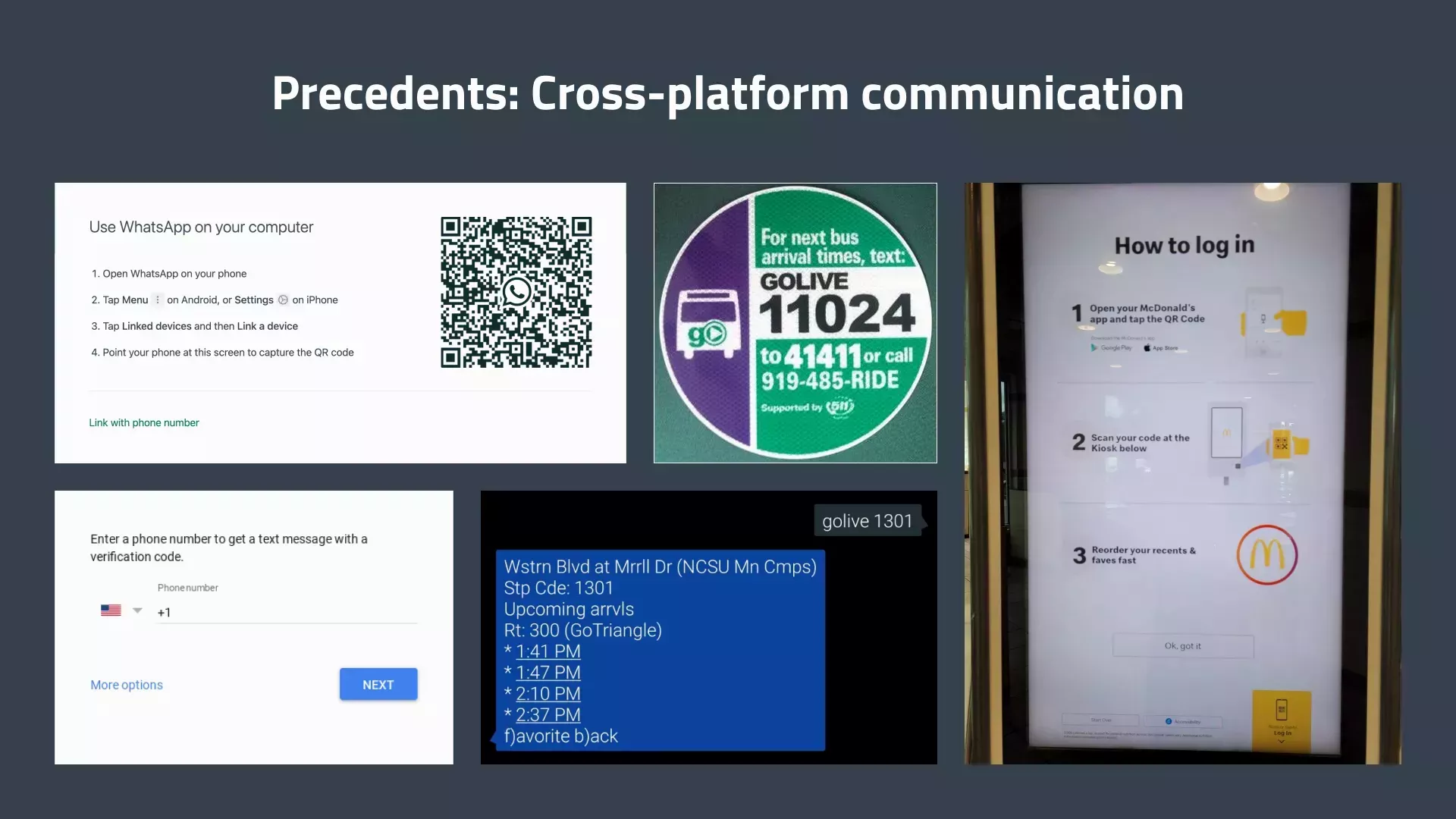 Precedents for cross-platform communication (between mobile devices and large displays like desktops, posters and kiosks). Examples include scanning QR codes, texting to a number to get more info, and entering a phone number for an app to send a text to.