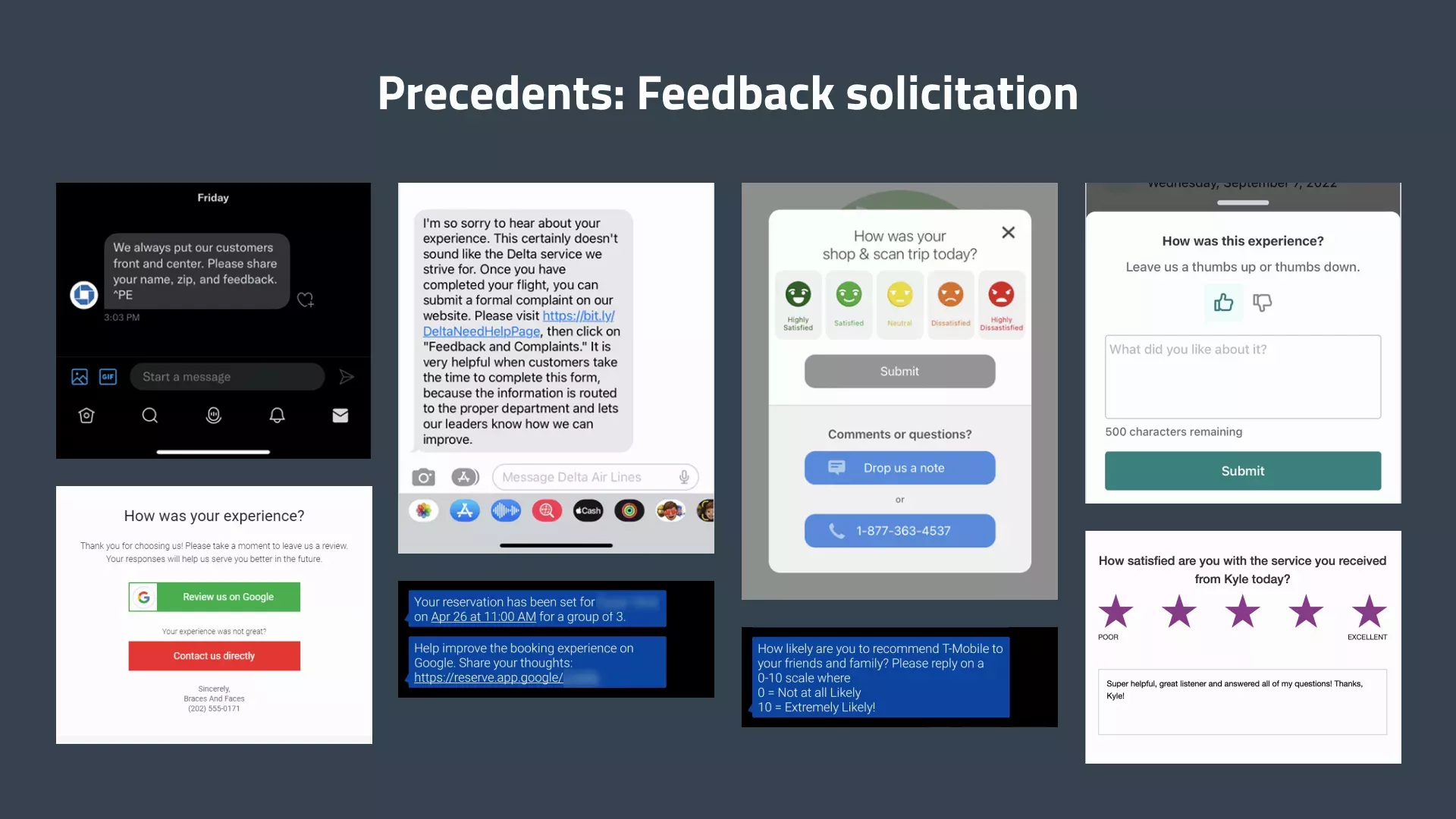 Precedents for feedback solicitation. Examples for review formats include freeform text, choosing emojis or star values, and numerical scales. Examples for solicitation formats include text messages, emails, and in-app pop-ups with or without external links.