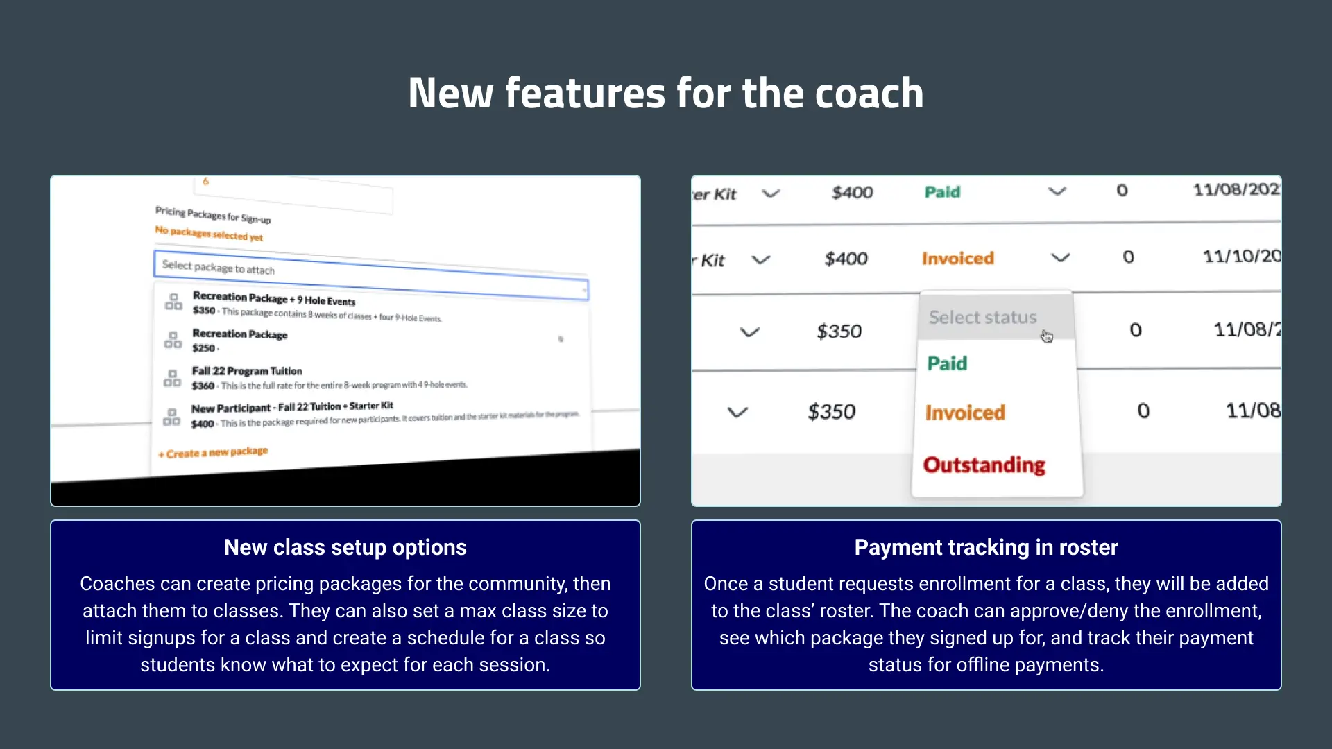New features for the coach in the Op 36 web app.