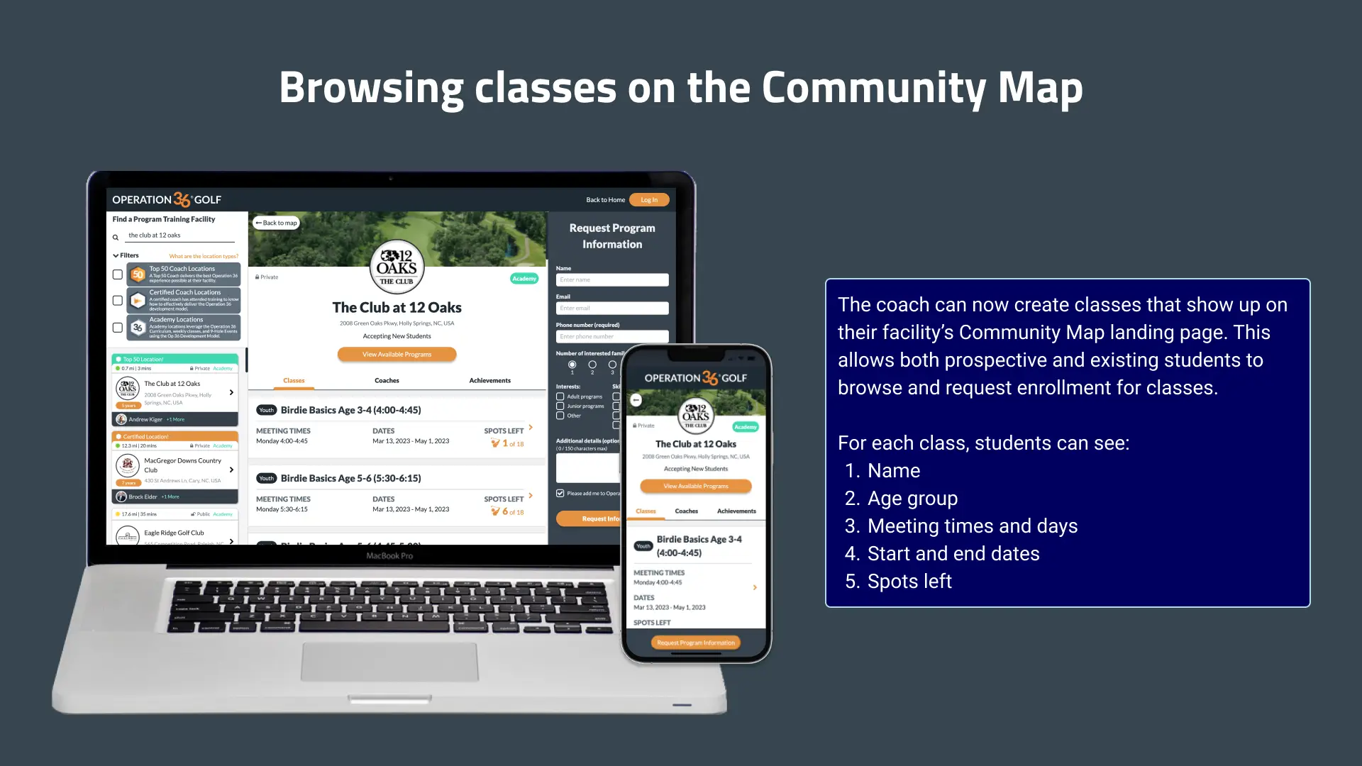 The new Community Map displays classes available for registration at every community/facility.